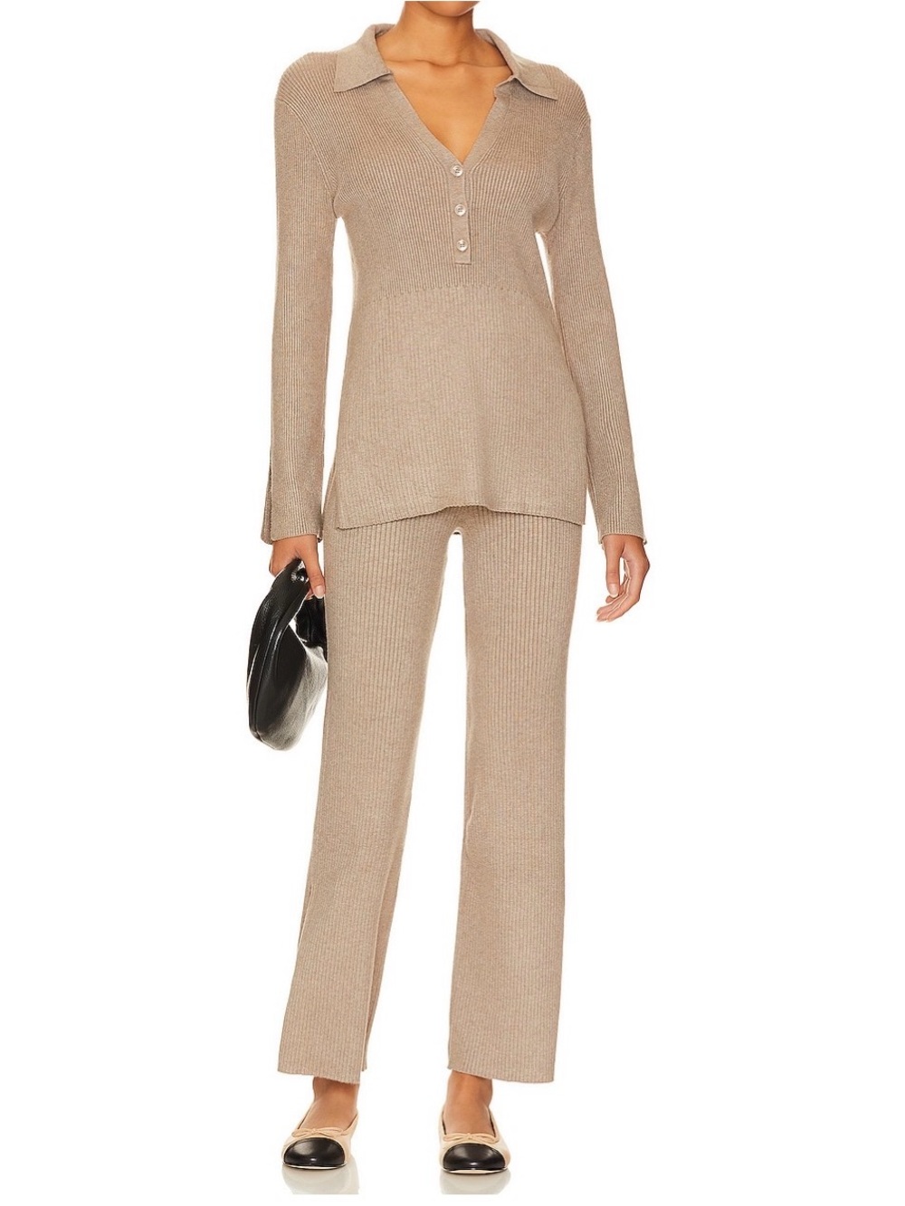 525 America Ribbed Knit Polo & Boot-Cut Pants SET in Taupe